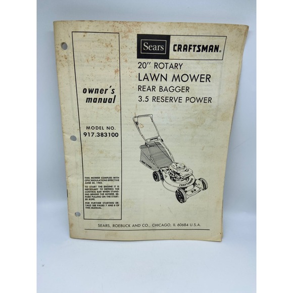 craftsman Other - Craftsman Lawn Mower Owners Manual 917383100 Rear Bagger 20 Inch 1984‎ Vintage